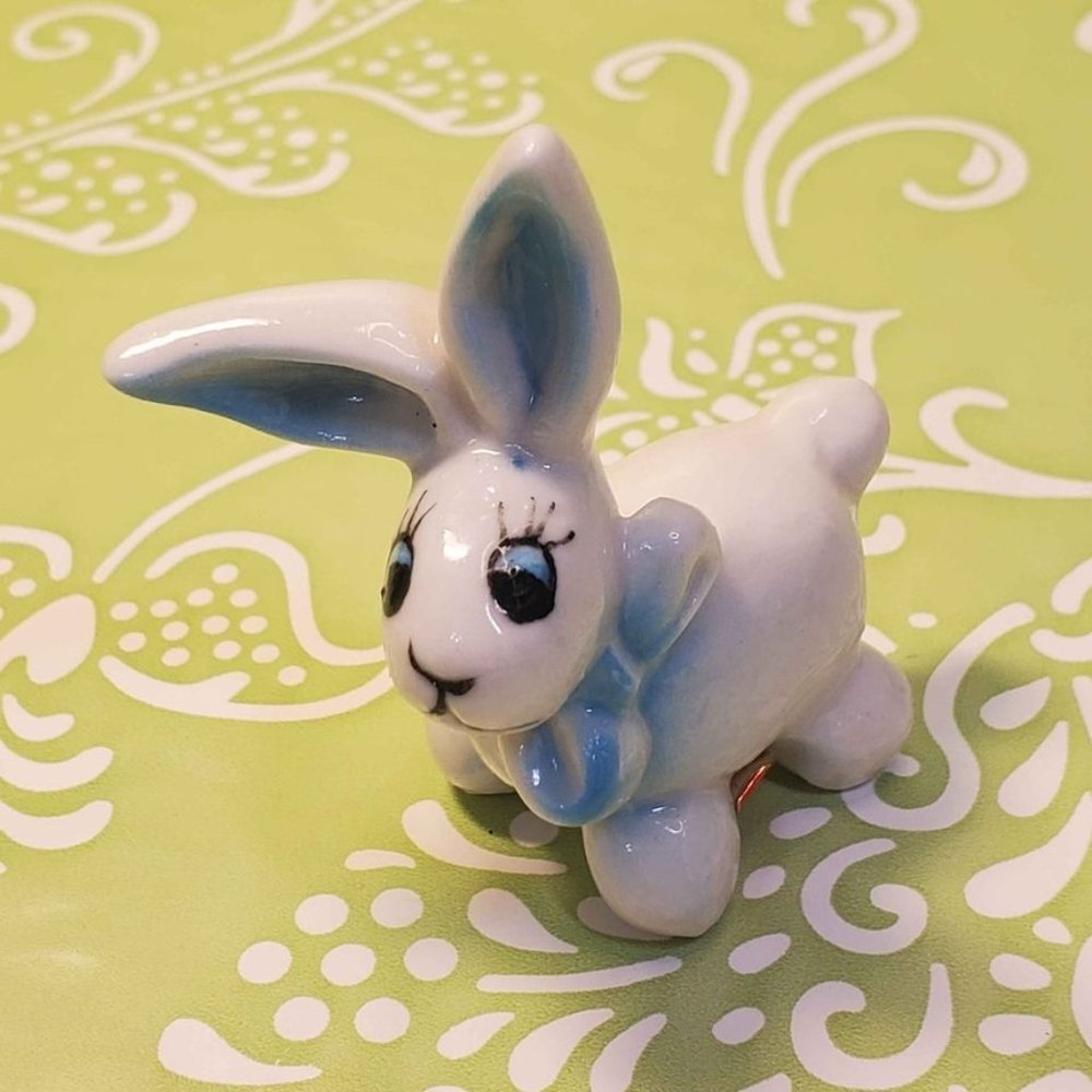 Vintage Blue Bow Bunny Figurine  Bone China 2"